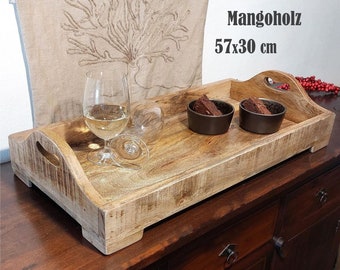 Serviertablett Holz groß 57x30 cm handgemacht, mit Griff, Holz-Tablett massiv, Deko-Tablett, Frühstückstablett, Mangoholz