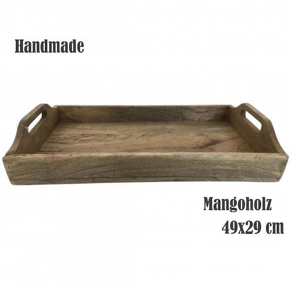 Serviertablett Mango-Holz 49x29 cm, handgemacht, mit Griff, Holz-Tablett massiv, Deko-Tablett, Frühstückstablett