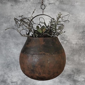 Pflanztopf zum hängen 22x23, Pflanzengefäß, Blumentopf, Vintage Deko, Kräutertopf, Eisentopf, Übertopf aus wiederverwertetem Metall