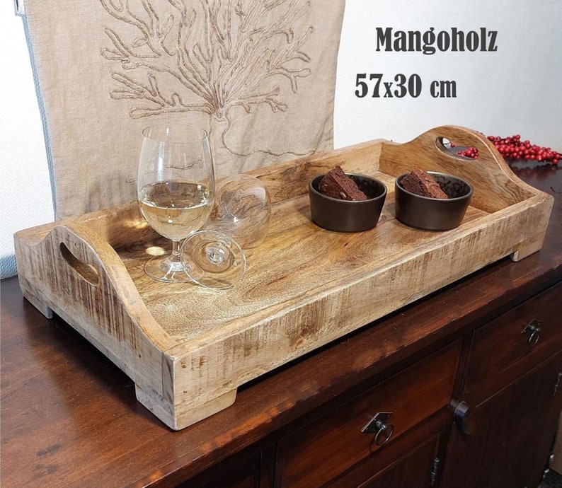 Serviertablett Holz groß 57x30 cm handgemacht, mit Griff, Holz-Tablett massiv, Deko-Tablett, Frühstückstablett, Mangoholz Bild 1