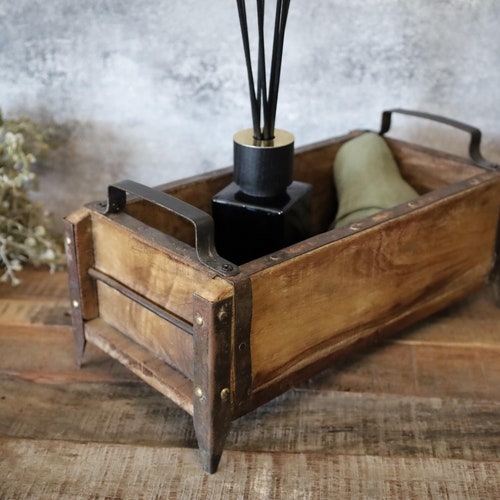 Storage box, old brick mold, unique piece from India, 30 x 15 cm, with handle and base, decorative wooden box