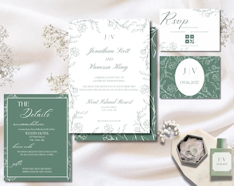 Sage Green Wedding Invitation Suite Template, Printable Floral Toile Wedding Invitation Set, Garden Wedding Invitation