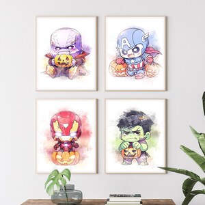 Halloween Aquarellbild von 4 Superhelden - Kinderzimmer Poster für Kinder, Wandkunst, Wanddekoration, Halloween Poster, Süßes oder Saures, sanft