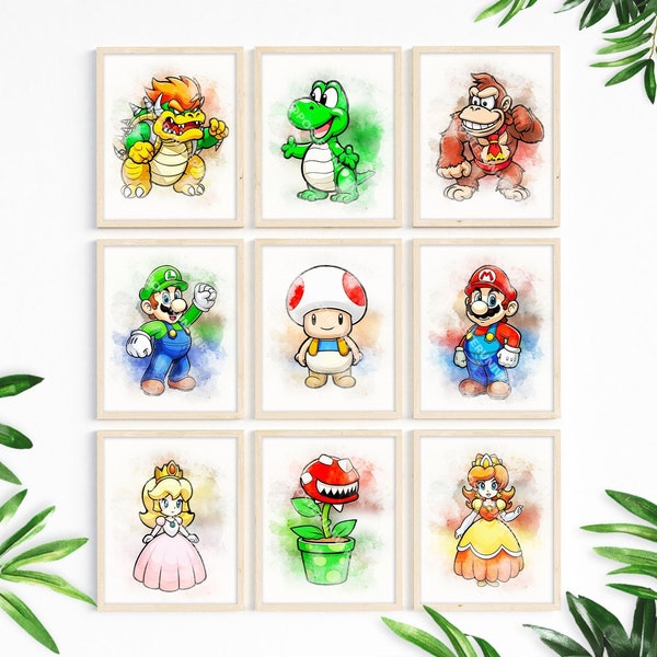 Set Of 9 Super Mario Bros Character - Watercolor Painting, Cute Wall Art, Birthday Gift, Gifts For Kids, Mario Poster, Clipart, Nursery Art