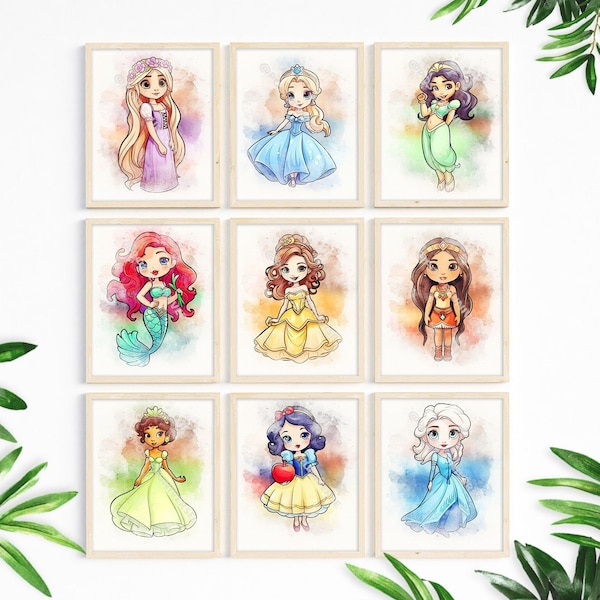 Affiche d'art princesses populaires - clipart princesse, impressions pour chambre d'enfant, décoration de chambre d'enfant, shower de bébé, cadeau pour enfants, bébés filles, art mural