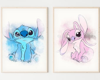 Stitch and Angel Poster Set - Baby Gift, Wall Art, Nursery Decor, Kids Decor, Kids Bedroom, Watercolor Painting, Stitch Gift, Stitch Clipart