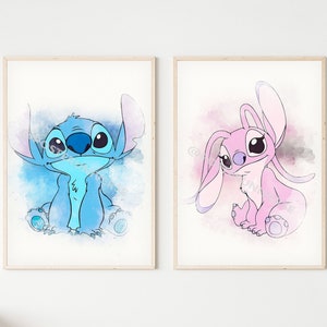Stitch and Angel Poster Set - Baby Gift, Wall Art, Nursery Decor, Kids Decor, Kids Bedroom, Watercolor Painting, Stitch Gift, Stitch Clipart