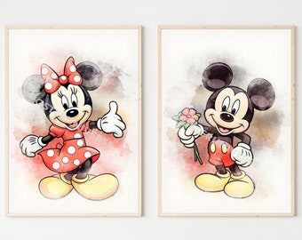 かわいいミッキーとミニーマウス - ポスターセット、水彩画、子供部屋の装飾、印刷可能なポスター、ベビールームシャワー、子供用ウォールアート、ジェントル