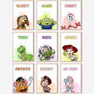 Set Of 9 Nursery Toy Story Prints - Toy Story Wall Art, Toddler Room, Playroom Decoration, Digital Download, Toys Names, Children Room