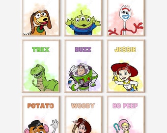 Set Of 9 Nursery Toy Story Prints - Toy Story Wall Art, Toddler Room, Playroom Decoration, Digital Download, Toys Names, Children Room
