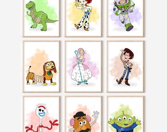 9 Watercolor Toy Story Inspired Prints - Kids Wall Art, Playroom Decor, Gift for Kids, Chidren Decoration, Digital Download, Nursery Room