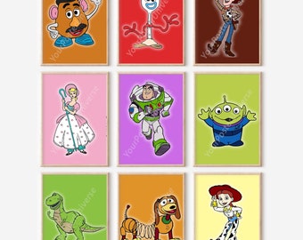 May include: A set of nine printable wall art prints featuring characters from the Toy Story movie franchise. The prints feature Woody, Buzz Lightyear, Jessie, Mr. Potato Head, Rex, Slinky Dog, Hamm, and Forky. Each print has a different colored background.