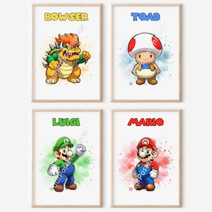 4 affiches Super Mario Bros - décoration murale, aquarelle Mario et Luigi, cadeau pour enfant, décoration de chambre d'enfant, crapaud, Bowser, shower de chambre de bébé, art mural