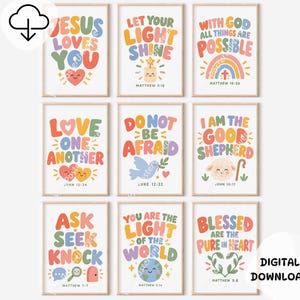 Christian Nursery Prints Set of 9, Colorful Bible Verse Wall Art, Kids Scripture Posters, Sunday School Digital Download