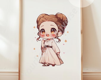 Disegno Chibi Star Wars Poster - Stampa carina di Leia Organa, regalo per bambini, decorazione per la cameretta dei bambini, decorazione per la stanza dei bambini, baby shower Star Wars Wall art