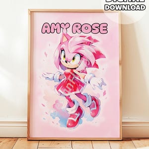 Póster digital de Amy Rose: arte mural imprimible de Sonic para habitación infantil o decoración gamer. Regalo de descarga instantánea para fans de Sonic y gamers.