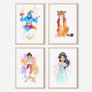 Set Of 4 Drawing Aladdin Posters - Kids Room Decor, Baby Room Shower, Child Room Decoration, Prints for Kids, Princess Jasmine, Drawing Art