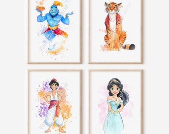 アラジン ジャスミン アブ ジーニー オウム ラゴ 水彩画 アラジンと