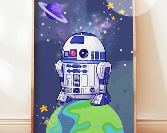 Watercolor Star Wars Poster - Cosmos R2-D2 Drawing, Nursery Prints, Gift for Kids, Star Wars Decoration Room, Printable Wall Art, Space Art