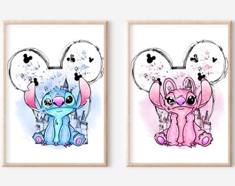 2 Watercolor Stitch Posters - Lilo & Stitch, Stitch and Angel, Ohana Means Family, Watercolor Painting, Digital Download, Printable Wall Art
