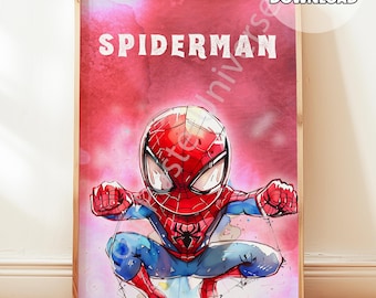 Poster con disegno di supereroi Chibi - Decorazione murale ad acquerello degli Avengers, a tema ragno, decorazione per cameretta dei bambini, download digitale, stampa di supereroi
