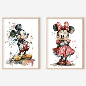 Póster de Mickey y Minnie en acuarela - Pintura en acuarela, Decoración de paredes, Arte de pared, Impresiones infantiles, Impresiones para niños, Regalo de cumpleaños, Arte digital
