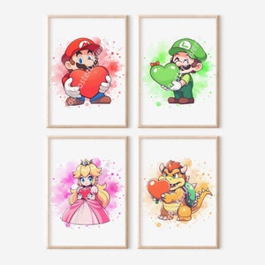 4 Watecolor Super Mario Bros Wall Art - Nursery Decor, Kids Room Decor, Mario and Luigi, Bowser, Princess Peach, Digital Download, Printable