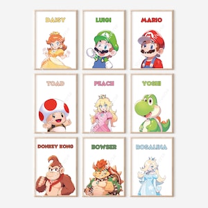 Set aus 9 Super Mario Postern - Mario Wandkunst, Kinderzimmer Dekoration, Mario und Luigi, Digitaldruck, Spielzimmer, Prinzessin Peach, Kinderzimmer Dekor