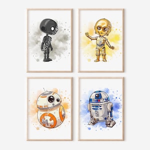 4 Droids Star Wars Posters - Wall Art, Nursery Print, BB8, C-3PO, R2-D2, Watercolor Painting, Prints for Kids, Star Wars Gift, Digital Art