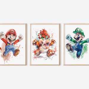 3er Set Zeichnung Super Mario Wandkunst - Mario und Luigi, Mario Poster, Spielzimmer, Druck für Kinder, Bowser, Kinderzimmer, Kinderzimmer, Digital Download
