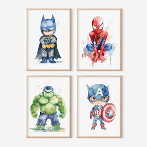 Conjunto de 4 dibujos de arte de pared de superhéroes: carteles para niños, decoración de guardería, póster imprimible, descarga digital, decoración de fiestas, pintura de acuarela