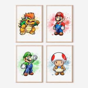 Arte de pared de Super Mario en acuarela, Decoración de guardería, Mario y Luigi, Sala de juegos, Pintura para niños, Descarga digital, Sala de decoración de fiestas