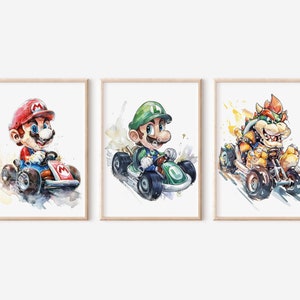 Set Of 3 Mario Kart Posters - Nursery Decor, Mario and Luigi, Bowser, Wall Decor, Nursery Prints, Gift for Kids, Mario Poster, Digital Art
