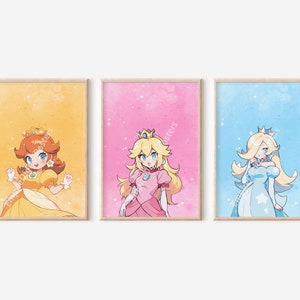 Set di 3 poster di principesse ad acquerello - Decorazioni da parete, Stampe per la cameretta, Stampe per bambini, Mario Princess, Pesca, Margherita, Rosalina, Arte per ragazze