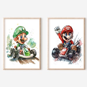 Lot de 2 affiches Serio Mario Kart - Dessin Mario et Luigi, impressions pour enfants, peinture à l'aquarelle, impressions pour enfants, décoration de chambre de bébé