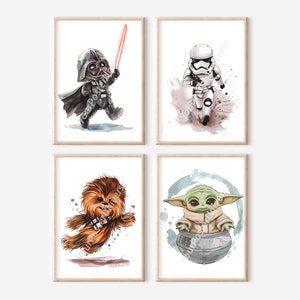 Conjunto de 4 arte de pared de Star Wars: decoración de guardería, impresiones para niños, Chibi Star Wars, póster de Darth Vader, decoración de Baby Yoda, baby room shower