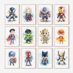 Conjunto de 12 carteles con dibujos de superhéroes: decoración de pared, decoración de superhéroes, decoración de habitaciones de niños, descarga digital, decoración de héroes bebés, arte de fiesta