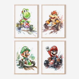 Set Of 4 Mario Kart Posters - Mario and Luigi, Prints for Kids, Super Mario Decoration, Kids Room Decor, Digital Download, Yoshi, Bowser