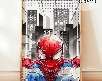 Poster del supereroe Spider dei fumetti, disegno da parete degli Avengers, regalo per bambini, pronto per la stampa, poster acquerello, stampa digitale, decorazione per la cameretta dei ragazzi
