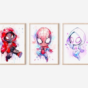 Set di 3 set di poster Spidey - Decorazione da parete, Pittura ad acquerello, Poster stampabile, Stampa digitale, Arte da parete di supereroi, Stampe per l'asilo nido, Camera dei bambini