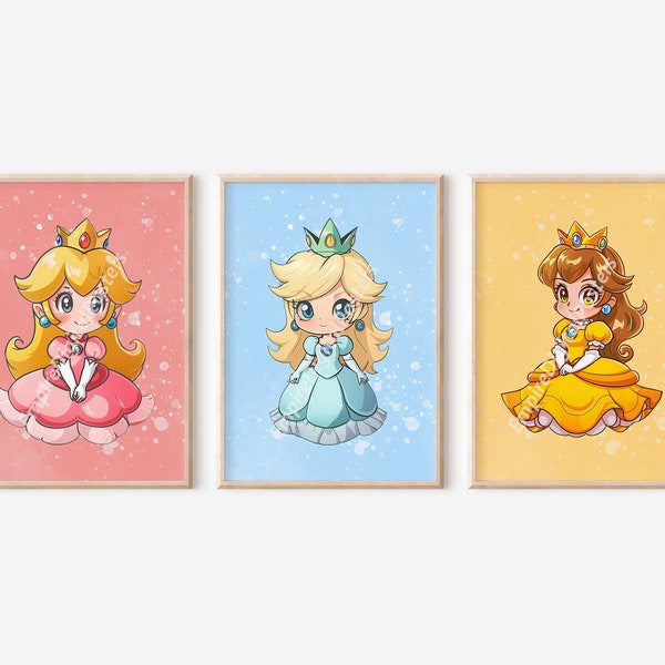 Chibi Super Mario Princesses Posters - Digital Print, Watercolor Poster, Nursery Decor, Gift for Girl, Ready to Print, Princess Peach, Daisy