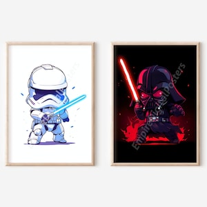 Cartoon Star Wars Wall Art - Printable Poster Set, Star Wars Clipart, Darth Vader, Stormtrooper, Boys Room Decor, Gift For Kids, Birthday