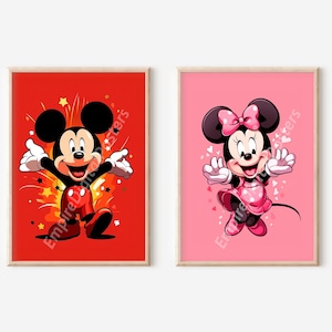 漫画ミニー＆ミッキーマウスポスター - 保育園プリント、子供部屋の装飾、装飾部屋、ウォールアート、印刷可能なポスターセット、デジタルプリント
