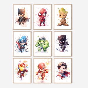 Juego de 9 carteles de superhéroes: decoración de pared, impresión digital, impresiones para guarderías, decoración de guarderías, decoración de fiestas, habitación de niños, regalo para niños, cumpleaños