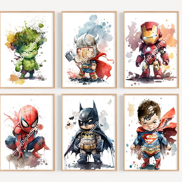 Set Of Watercolor Superhero Poster - Superhero Clipart, Nursery Prints, Wall Art, Wall Decor, Printable Prints, Digital Download, Kids Room