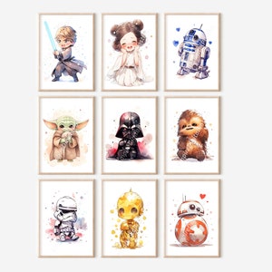 9 Nursery Star Wars Wall Decor - Chibi Poster Set, Wall Decoration, Movie Posters, Baby Star Wars, Prints for Kids, Party Decor, Birthday