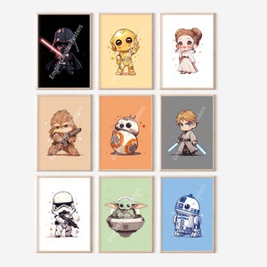 9 Clipart di Star Wars dei cartoni animati - Arte murale di Star Wars, stampe digitali, decorazioni per la cameretta dei bambini, stampe per bambini, camera dei bambini, poster stampabile, carino