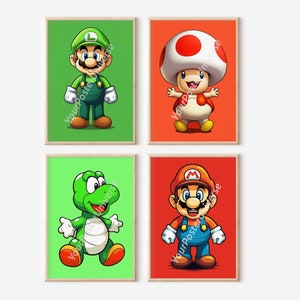 Set Of 4 Super Mario Bros Poster - Gaming Room, Gift for Gamer, Mario and Luigi, Cartoon Poster, Digital Print, Nursery Decor, Gift for Kids