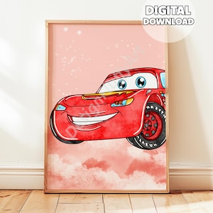 Full Color Lightning McQueen Poster, Drawing McQueen Wall Art, Nursery Decor, Playroom Decoration, Gift for Boys, Gentle Car, Playroom Print