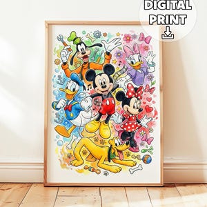 May include: A framed digital print featuring a colorful illustration of Disney characters, including Mickey Mouse, Minnie Mouse, Donald Duck, Goofy, Daisy Duck, and Pluto. The artwork has a whimsical style with vibrant colors and decorative elements.
